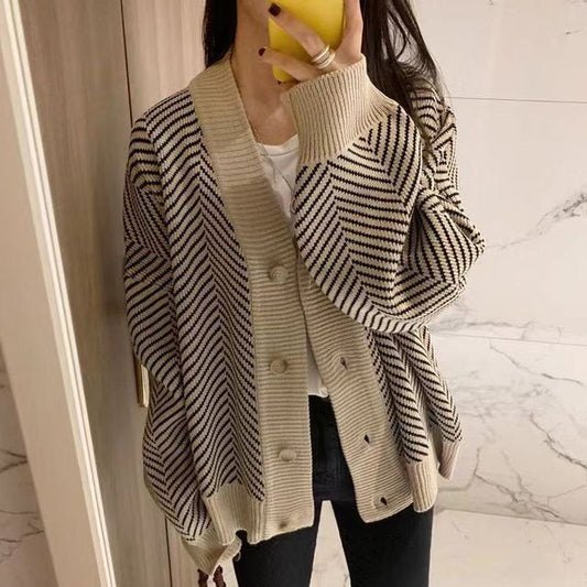 V-Neck Herringbone Contrast Trim Button-Up Sweater