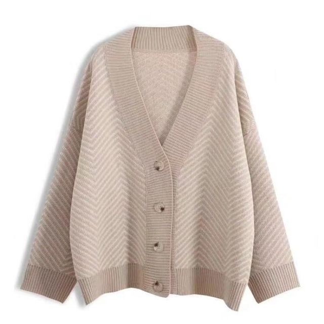 V-Neck Herringbone Contrast Trim Button-Up Sweater