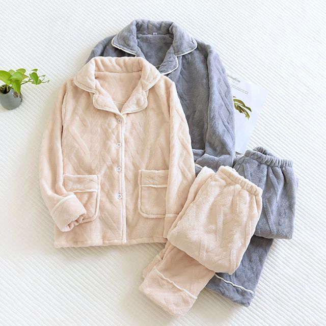 Couple Matching Pajama Set: Long-Sleeve Collared Plain Cable Knit Button-Up Flannel Top + Pants