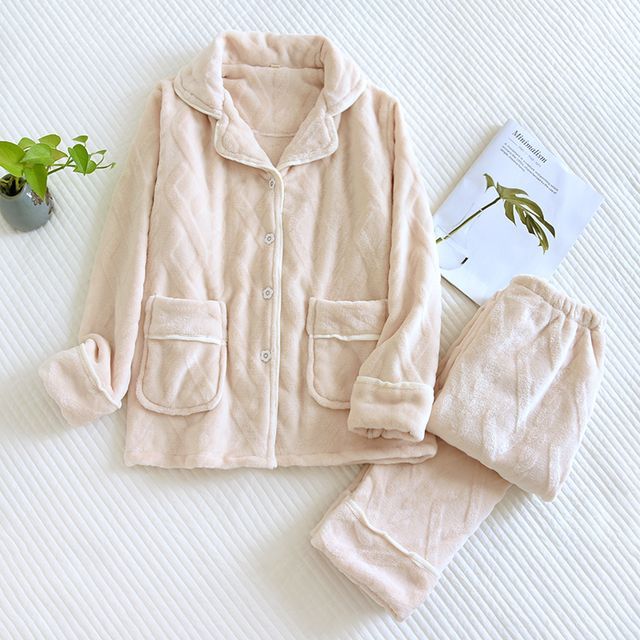 Couple Matching Pajama Set: Long-Sleeve Collared Plain Cable Knit Button-Up Flannel Top + Pants