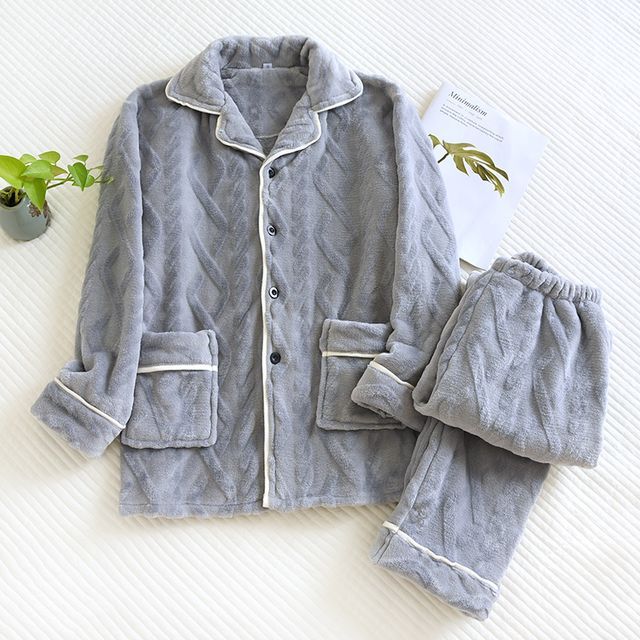 Couple Matching Pajama Set: Long-Sleeve Collared Plain Cable Knit Button-Up Flannel Top + Pants