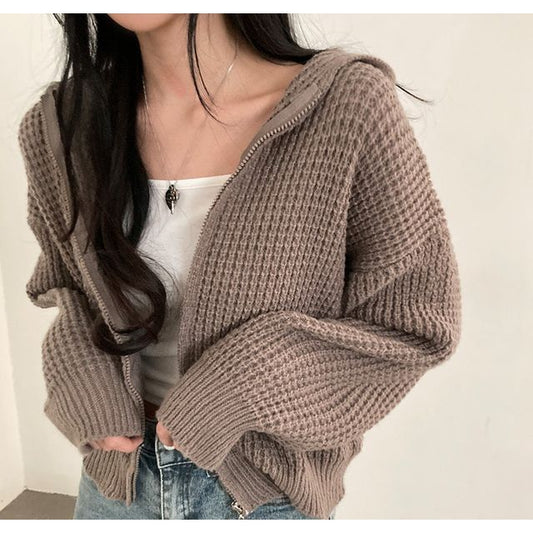 Solid Waffle Hooded Crop Knit