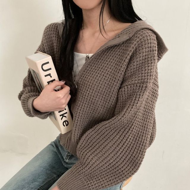 Solid Waffle Hooded Crop Knit