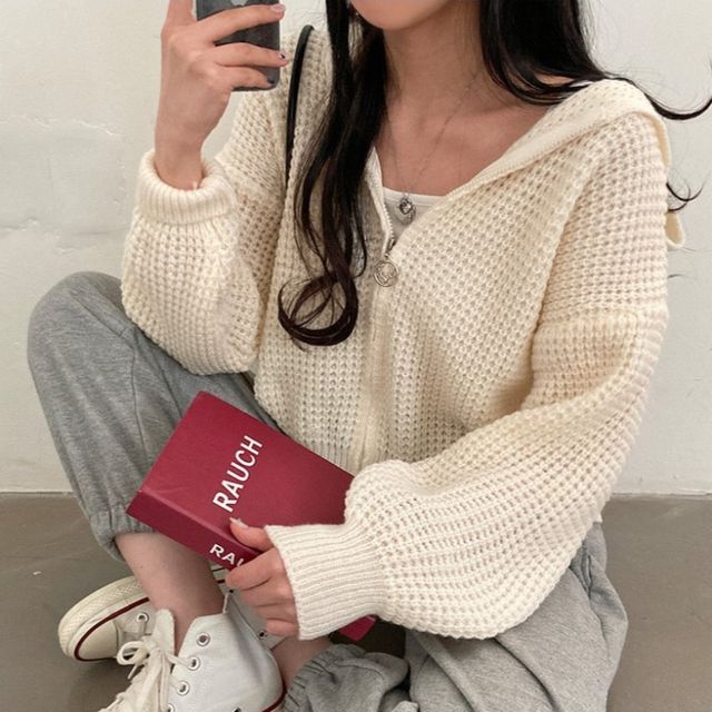Solid Waffle Hooded Crop Knit