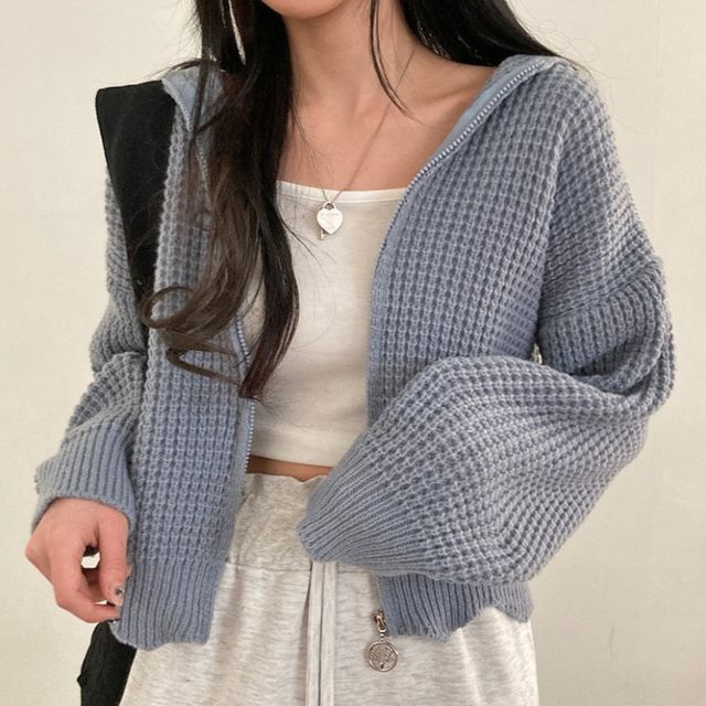 Solid Waffle Hooded Crop Knit