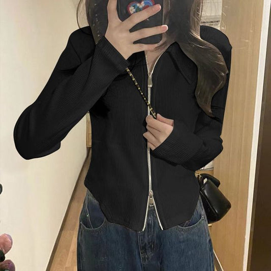 Long-Sleeve Lapel Zip-Up Solid Cardigan