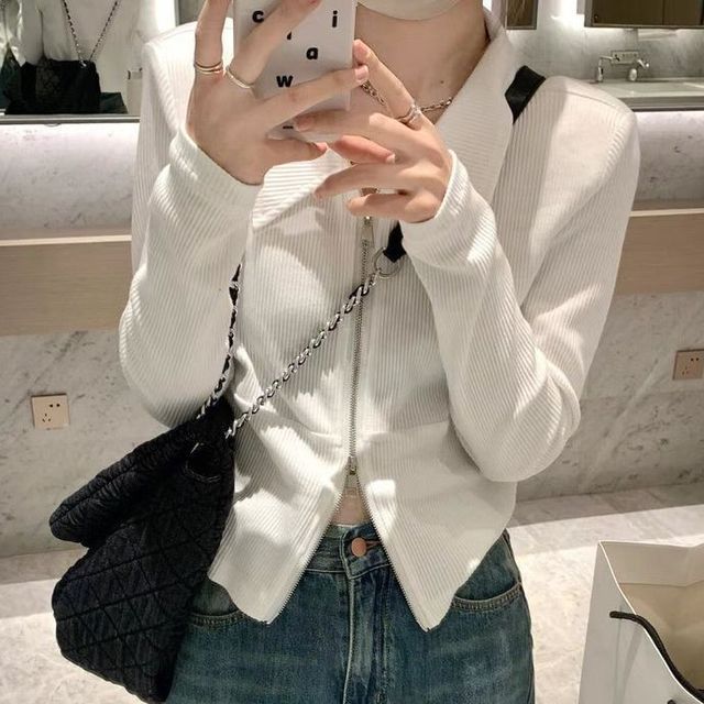 Long-Sleeve Lapel Zip-Up Solid Cardigan