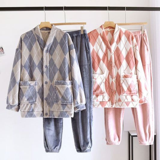Couple Matching Pajama Set: Long-Sleeve V-Neck Argyle Flannel Button Top + Pants (Various Designs)