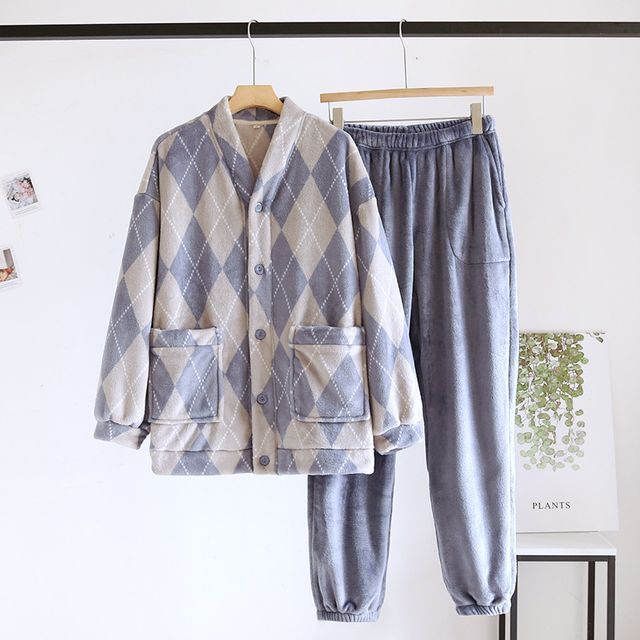 Couple Matching Pajama Set: Long-Sleeve V-Neck Argyle Flannel Button Top + Pants (Various Designs)