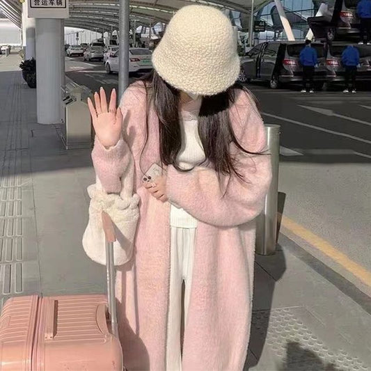 Solid Open Front Faux Fur Long Knit