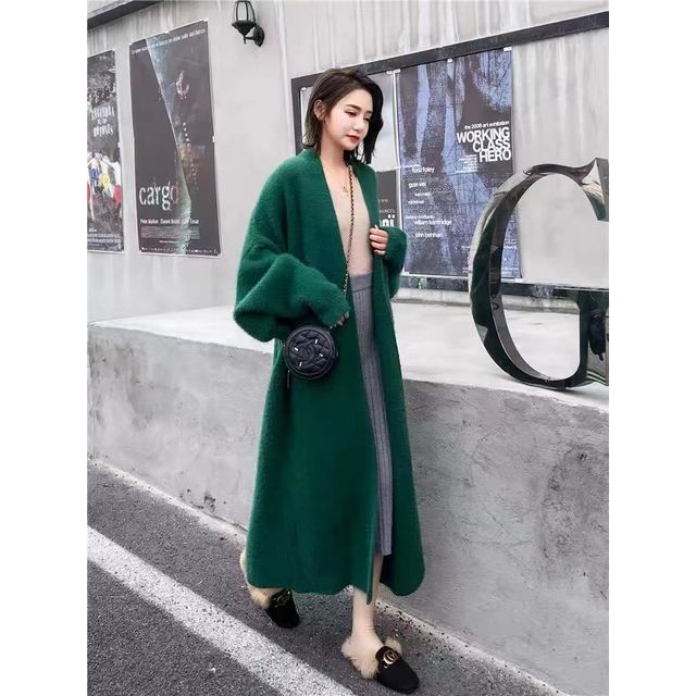Solid Open Front Faux Fur Long Knit