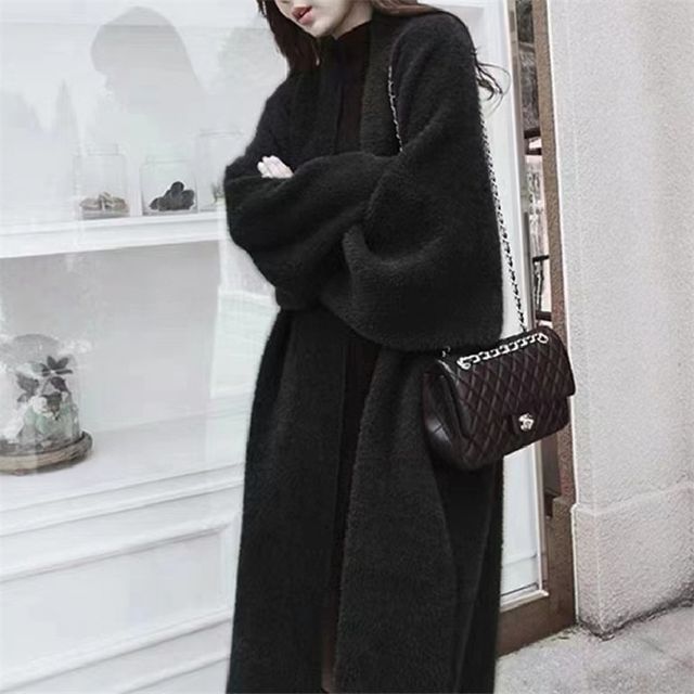 Solid Open Front Faux Fur Long Knit