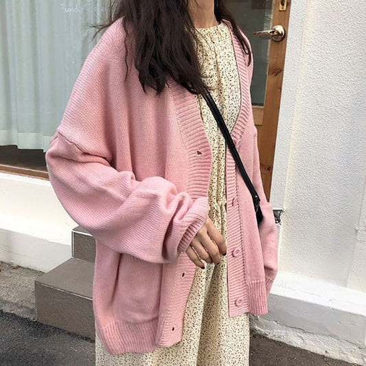 Oversized V-Neck Plain Cardigan