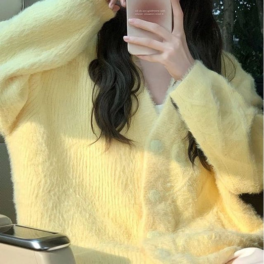 Fluffy V-Neck Button-Up Cardigan