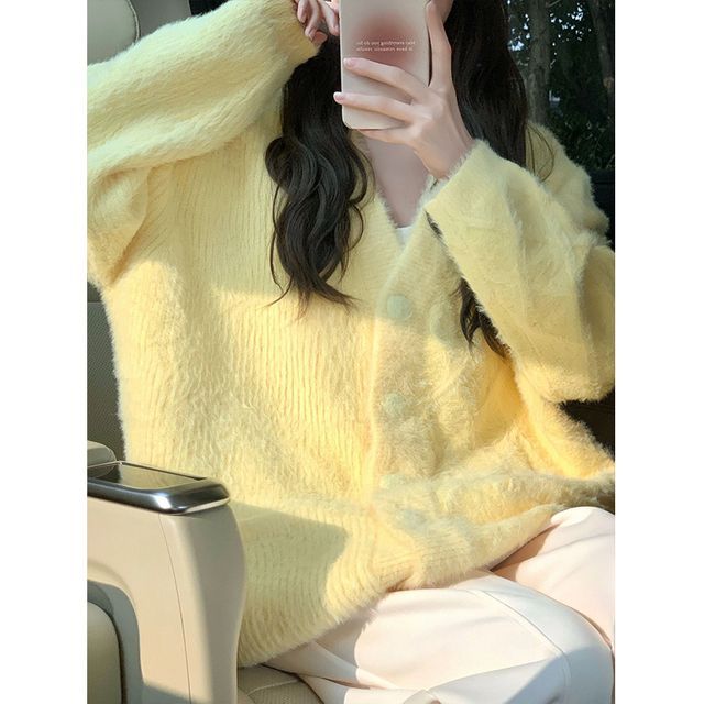 Fluffy V-Neck Button-Up Cardigan