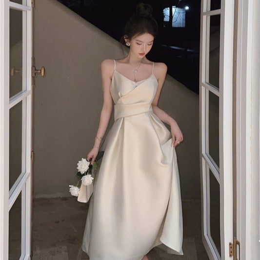 Thin Strap Solid Midi A-Line Dress