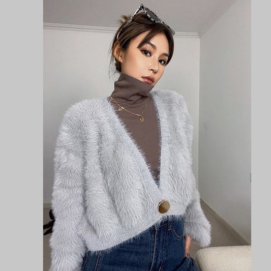 Furry Knit One-Button Cropped Cardigan