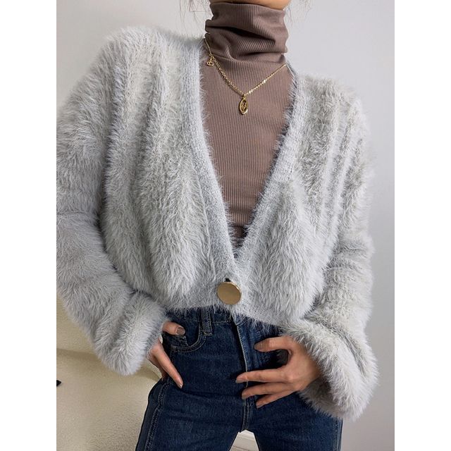 Furry Knit One-Button Cropped Cardigan