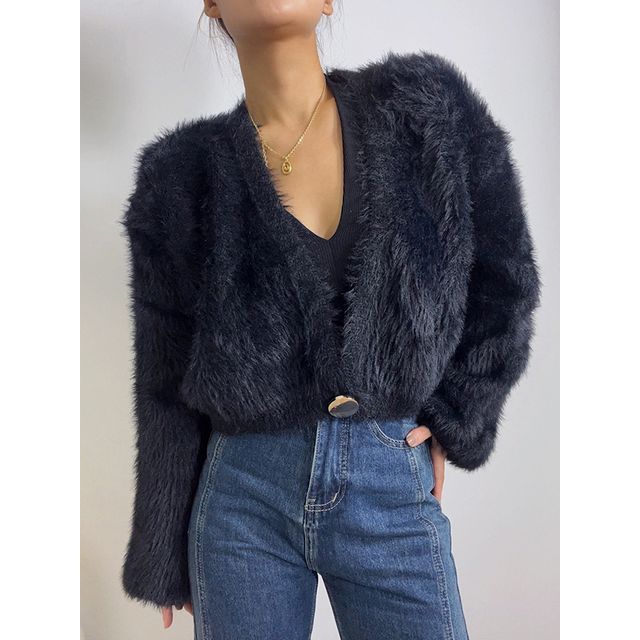 Furry Knit One-Button Cropped Cardigan