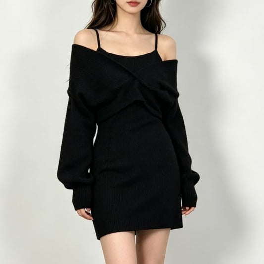 Set: Thin Strap Mini Dress + Long-Sleeve V-Neck Crop Top