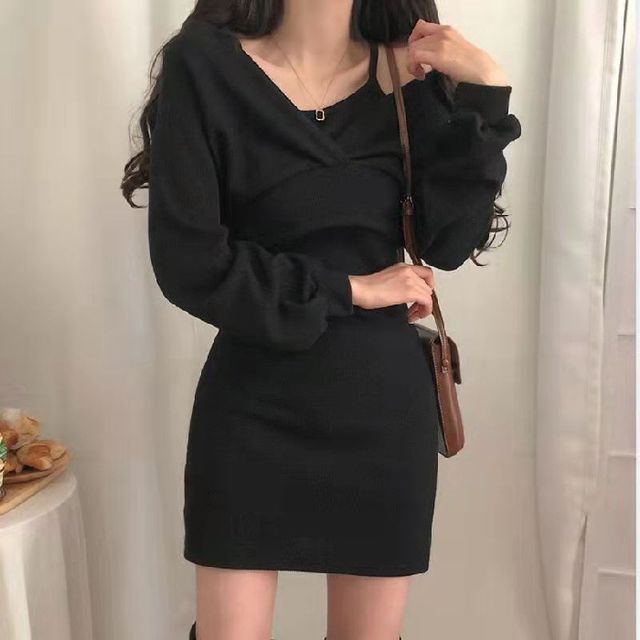 Set: Thin Strap Mini Dress + Long-Sleeve V-Neck Crop Top