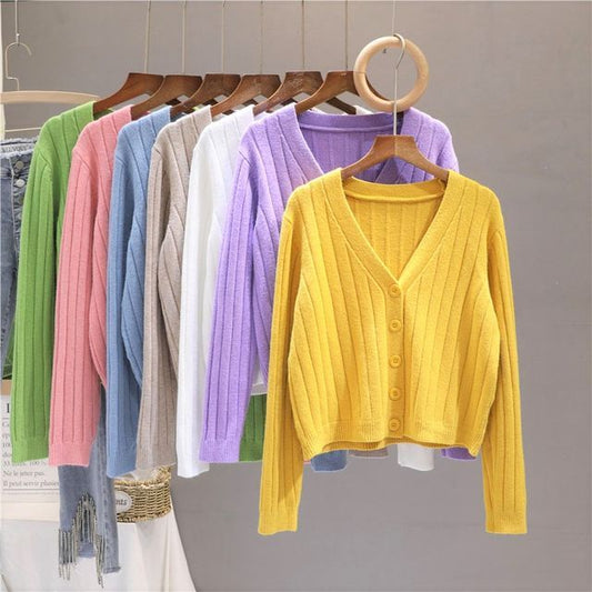 Cropped V-Neck Plain Cardigan