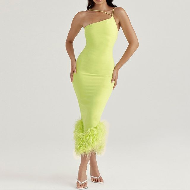 Thin Strap Fluffy Panel Midi Bodycon Dress