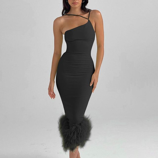 Thin Strap Fluffy Panel Midi Bodycon Dress