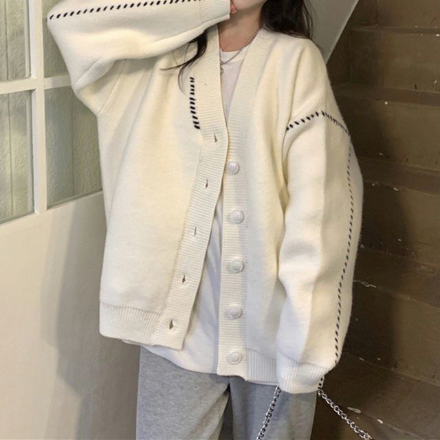 Contrast Stitch V-Neck Cardigan