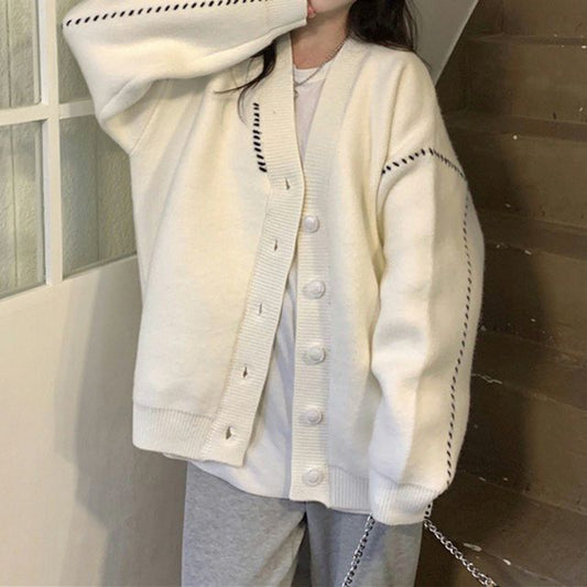 Contrast Stitch V-Neck Cardigan