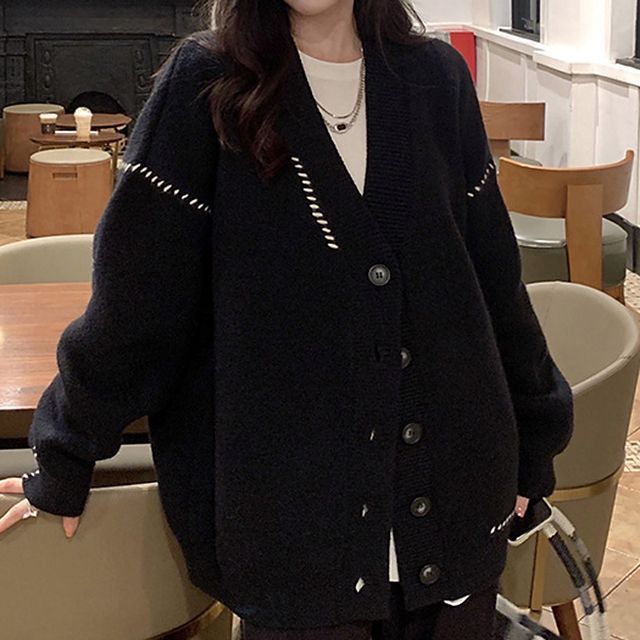 Contrast Stitch V-Neck Cardigan
