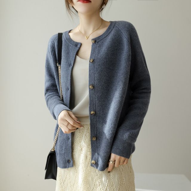 Crew Neck Plain Cardigan