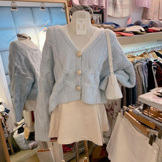 Cable Knit V-Neck Oversized Cardigan and Lace Top