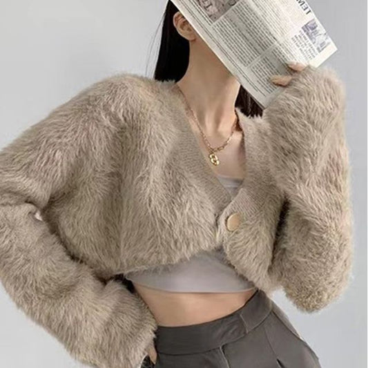 Fluffy V-Neck Cropped Cardigan
