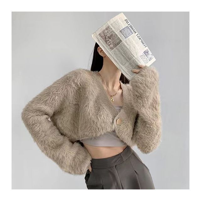 Fluffy V-Neck Cropped Cardigan