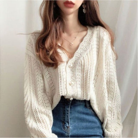 Faux Pearl V-Neck Button-Up Cardigan