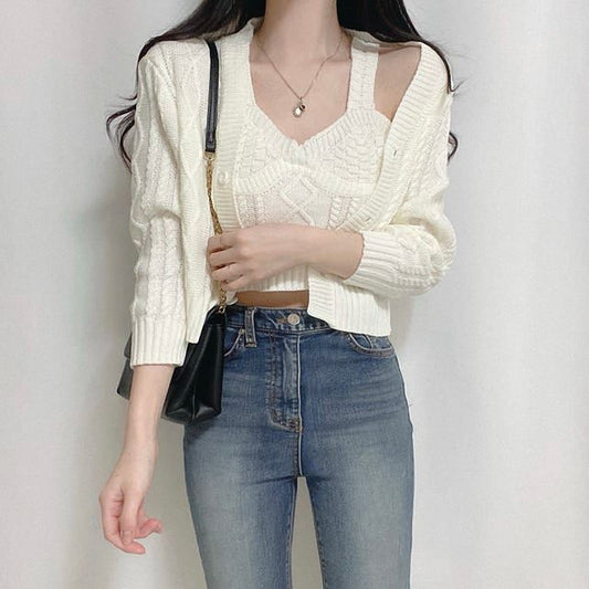 Set: Halter Crop Top and V-Neck Cardigan