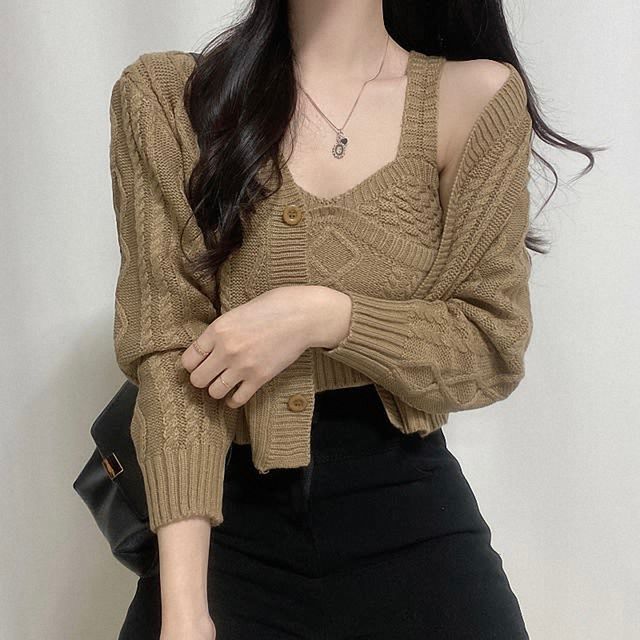 Set: Halter Crop Top and V-Neck Cardigan