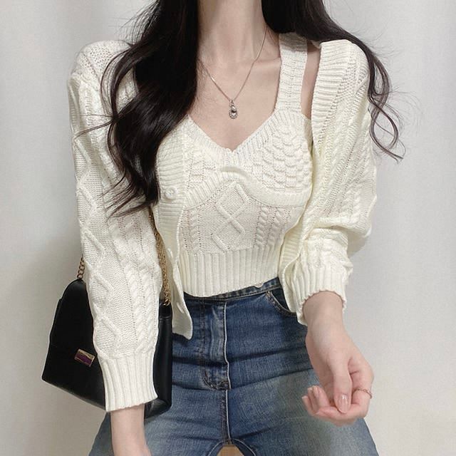 Set: Halter Crop Top and V-Neck Cardigan