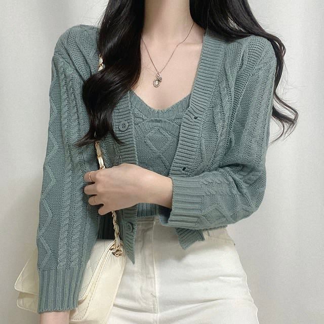 Set: Halter Crop Top and V-Neck Cardigan
