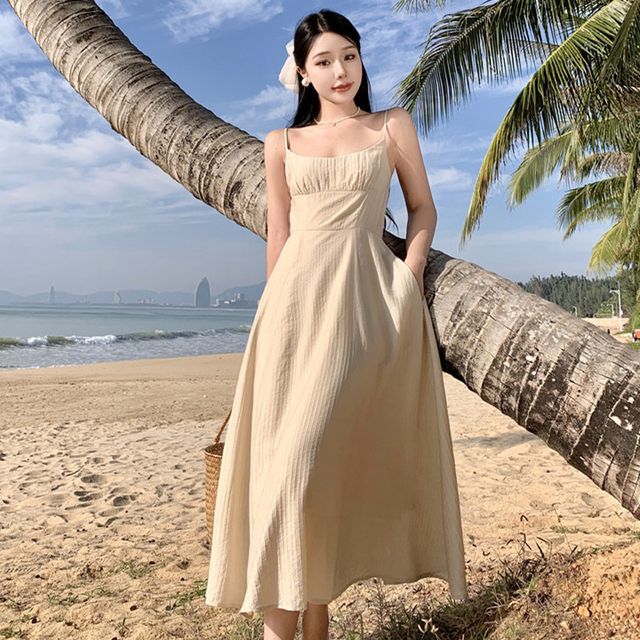 Thin Strap Solid Shirred Midi A-Line Dress