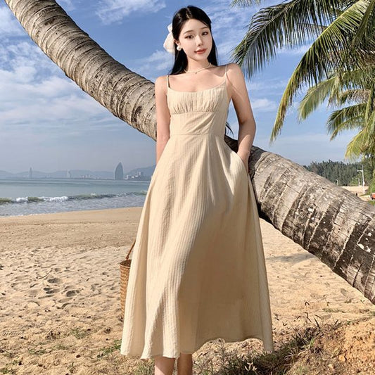 Thin Strap Solid Shirred Midi A-Line Dress