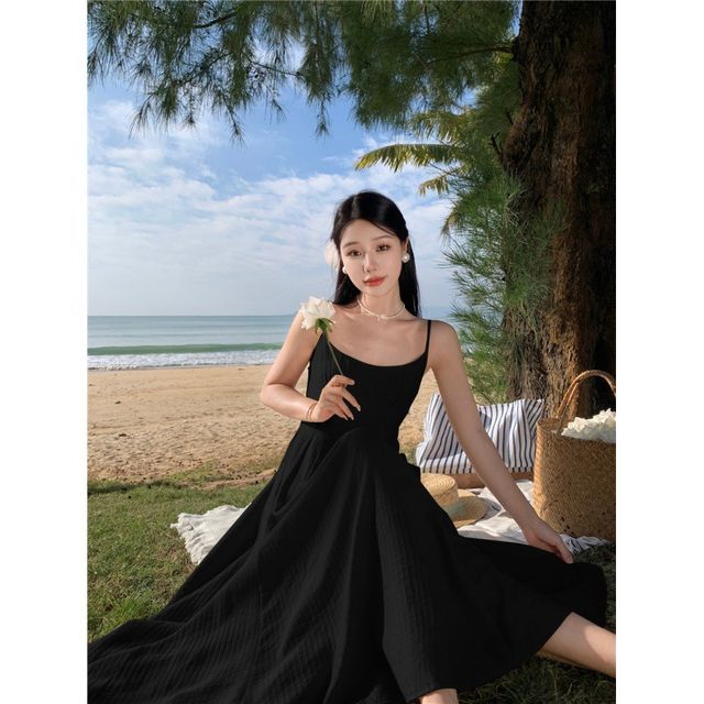 Thin Strap Solid Shirred Midi A-Line Dress