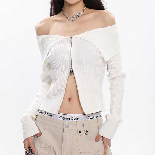 Off Shoulder Ribbed Zip Cardigan