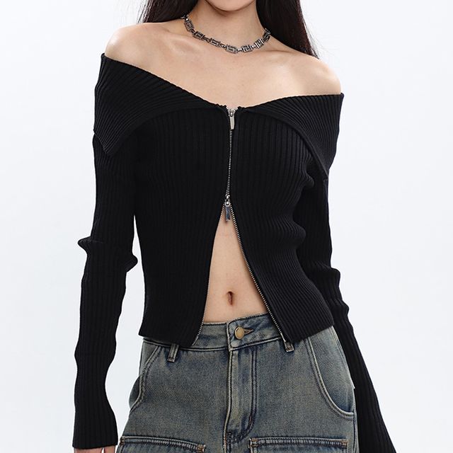 Off Shoulder Ribbed Zip Cardigan