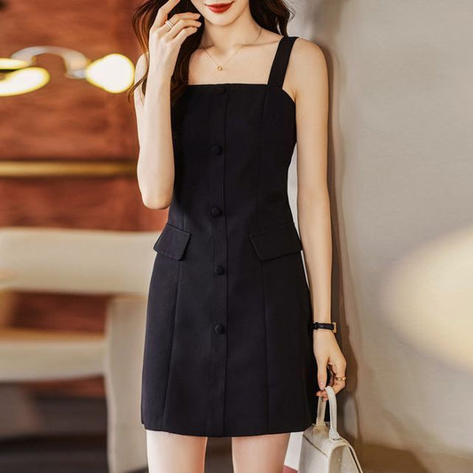 Thin Strap Solid Mini A-Line Dress / Double-Breasted Crop Blazer / Set