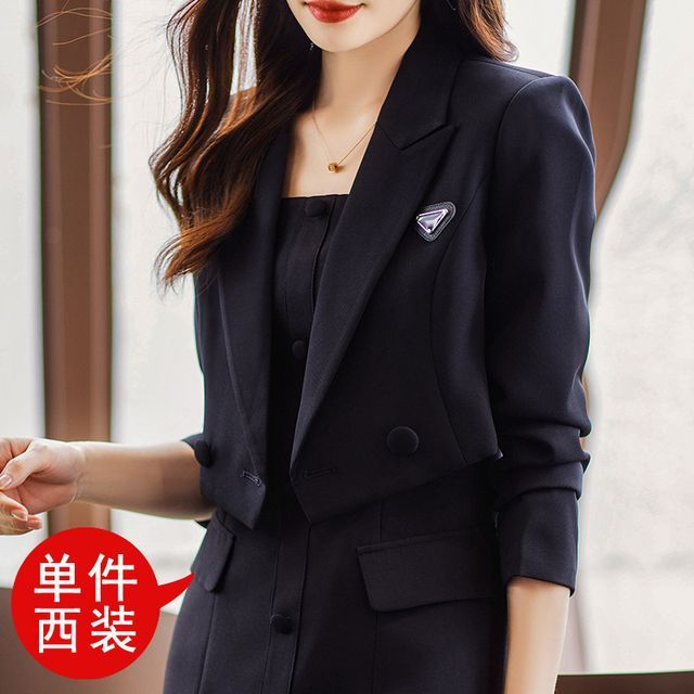 Thin Strap Solid Mini A-Line Dress / Double-Breasted Crop Blazer / Set