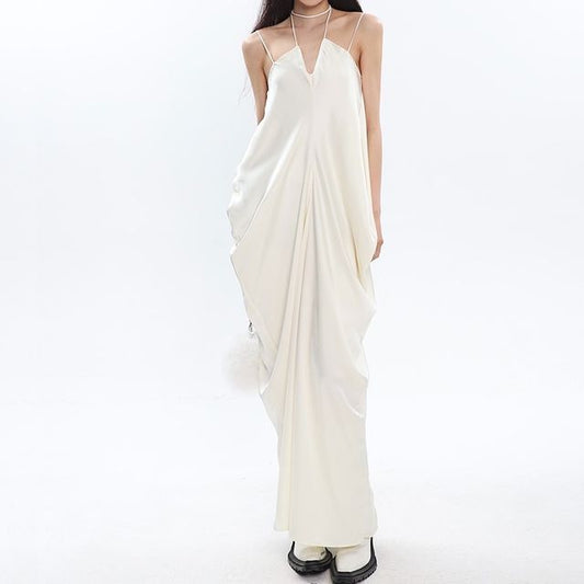 Thin Strap Solid Gathered Satin Maxi Shift Dress