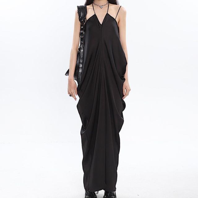 Thin Strap Solid Gathered Satin Maxi Shift Dress