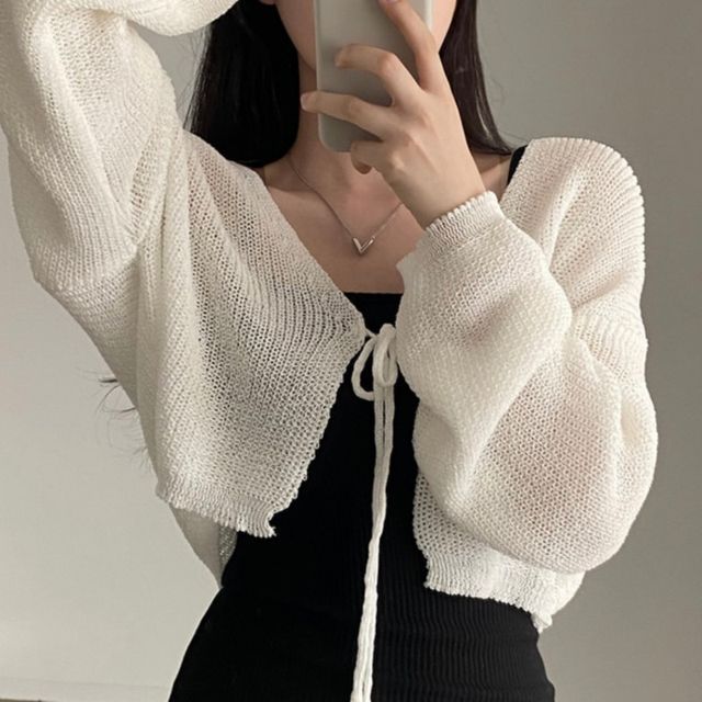 Cropped V-Neck Tie Front Cardigan